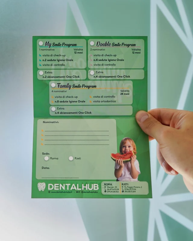 ✨ Scopri il nuovo modo di prenderti cura del tuo sorriso! ✨

Con ‘The Smile Program’ di Dental Hub hai accesso a pacchetti personalizzati pensati per la salute e la bellezza dei tuoi denti e di tutta la tua famiglia. 🦷💫

I nostri nuovi pacchetti includono:
✔️ Visite di check-up
✔️ Visite di controllo periodiche
✔️ Igiene orale
✔️ Visite ortodontiche
✔️ Trattamenti di sbiancamento dentale

🎁 Tutto in un unico programma, pensato per il tuo benessere a 360°.

Passa a trovarci o contattaci per scoprire il pacchetto più adatto a te!

Prenota ora la tua consulenza!
Contattaci QUI 👇

📞 06.475.413.04 - 379.24.28.502
📧 info@dentalhubitalia.it
💻 dentalhubitalia.it
 
📍Via Lari 55 - Roma, Magliana
📍Piazza Poggio Moiano 2 - Rieti

#dentalhub #dentalhubitalia #dentalhubroma